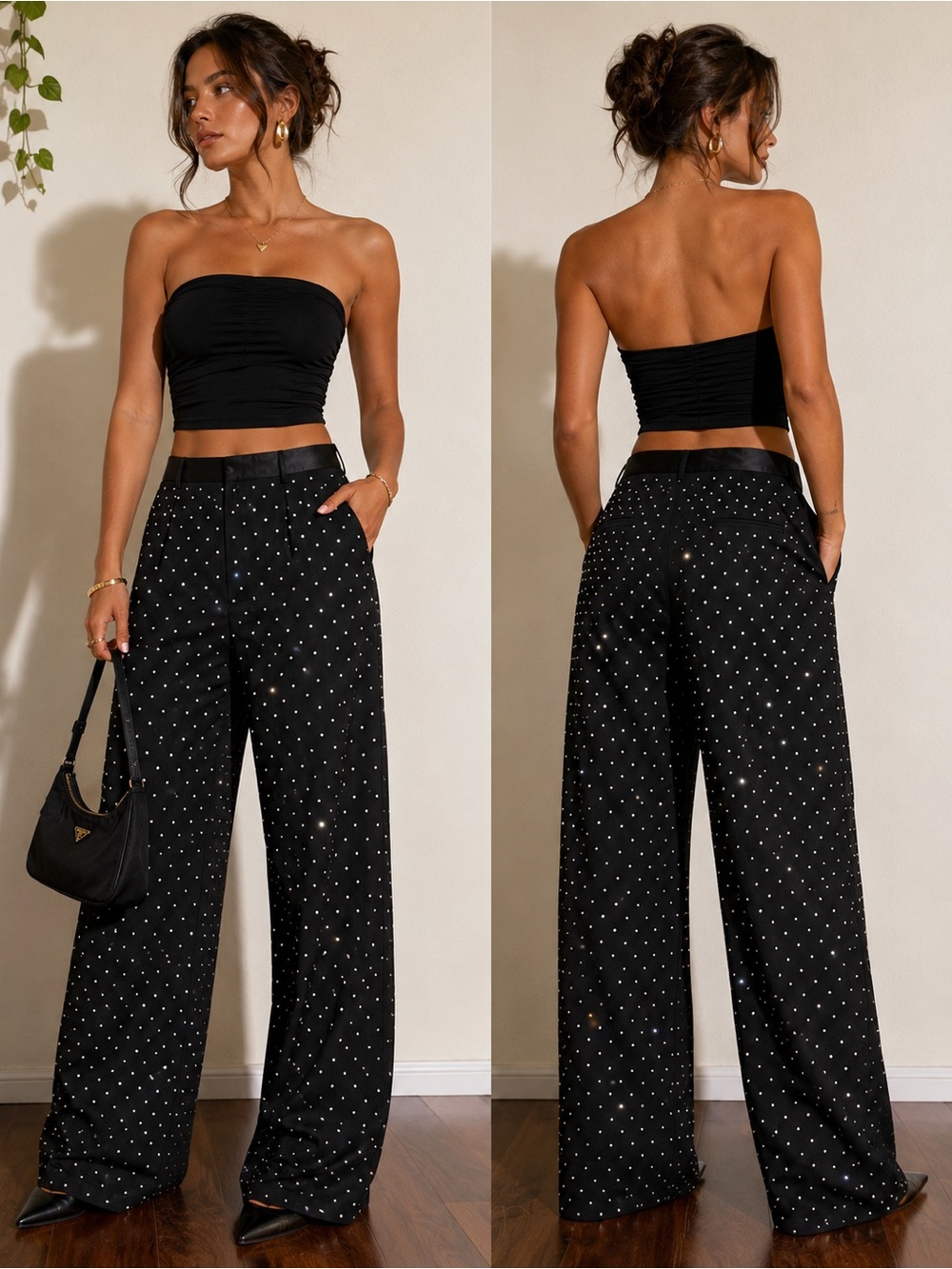 Daniel Bernstein Black - Rhinestone Wide Leg Pants NWT Size 10 Glam Trousers - Picture 2 of 15